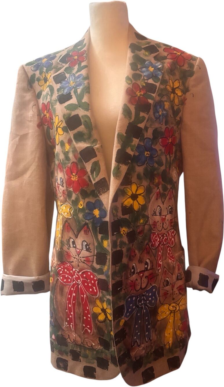 Vintage Hand Painted Art to Wear Blazer, Cat & Floral Design, Medium